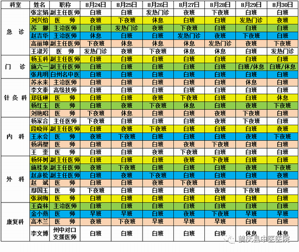 鹤庆县中医医院2020年8月24日至2020年8月30日医生出诊信息(图2)